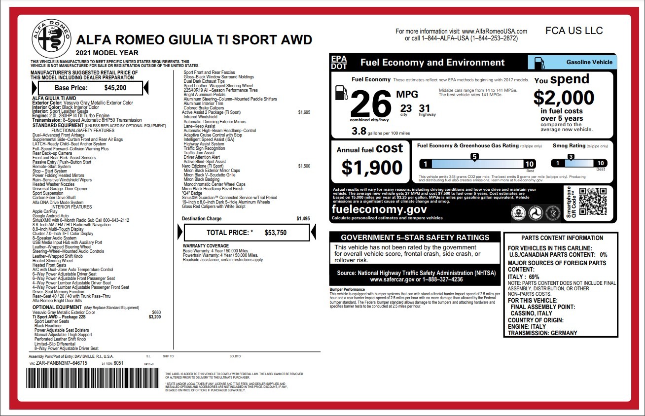 New 2021 Alfa Romeo Giulia Ti Sport for sale $53,750 at McLaren Greenwich in Greenwich CT 06830 1