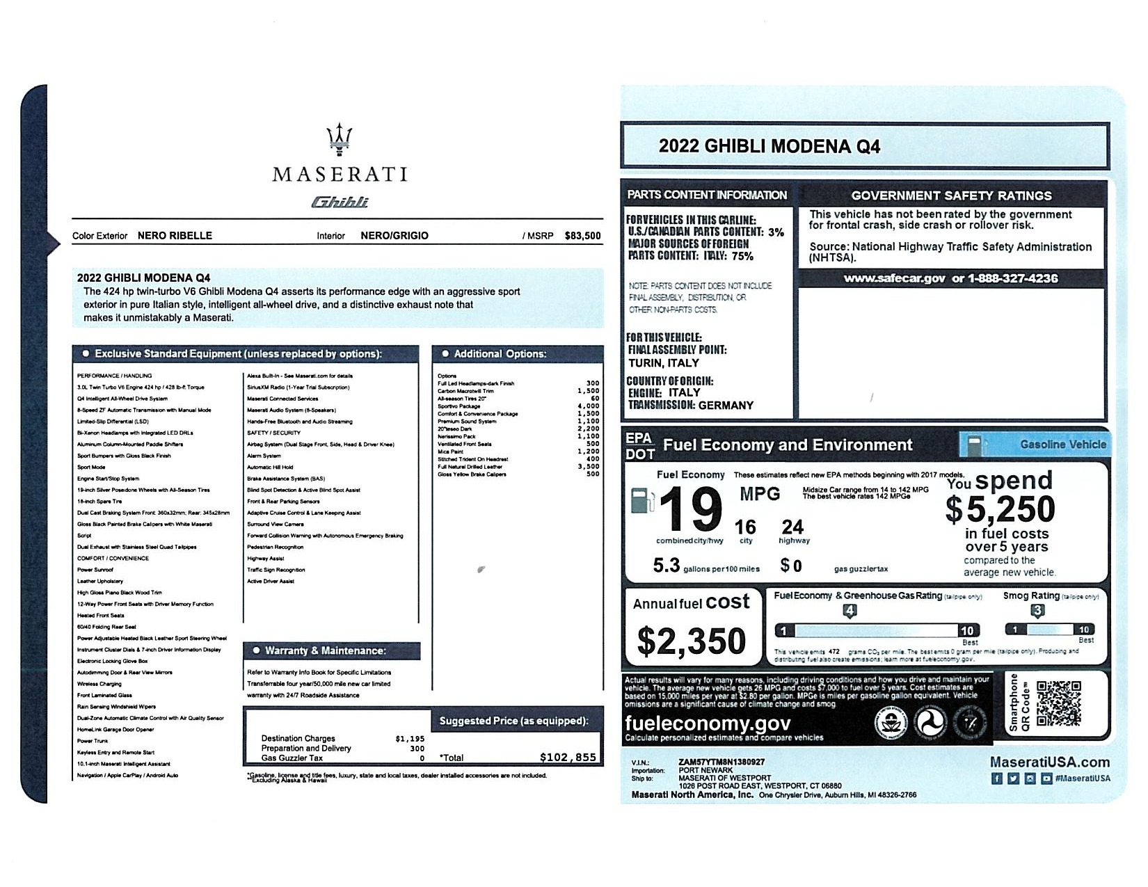 New 2022 Maserati Ghibli Modena Q4 for sale $102,855 at McLaren Greenwich in Greenwich CT 06830 1