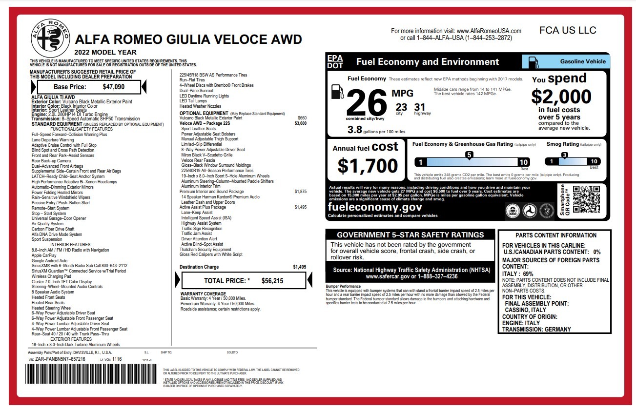 Used 2022 Alfa Romeo Giulia Veloce for sale $28,900 at McLaren Greenwich in Greenwich CT 06830 1