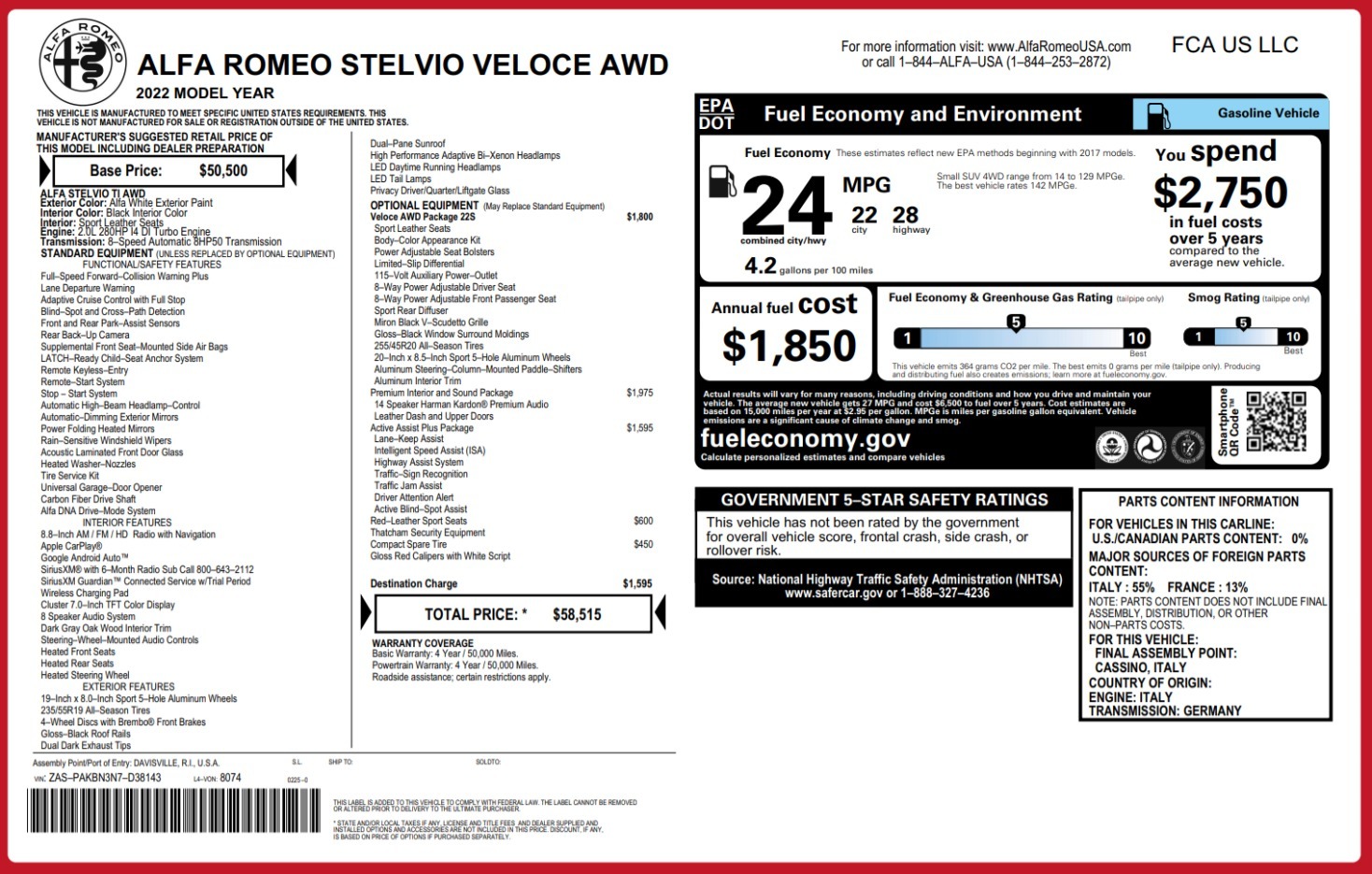 New 2022 Alfa Romeo Stelvio Veloce for sale $58,515 at McLaren Greenwich in Greenwich CT 06830 1