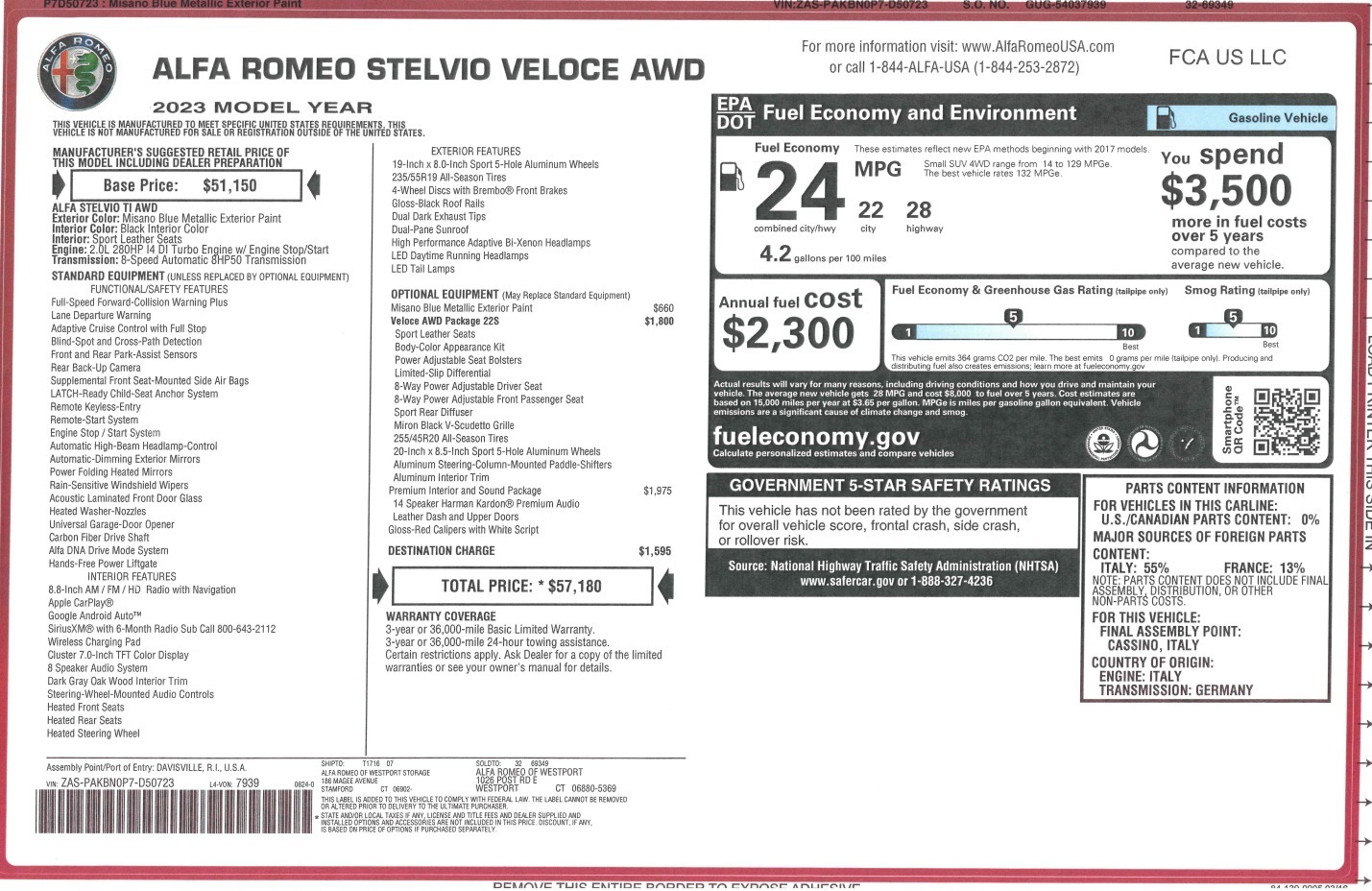 New 2023 Alfa Romeo Stelvio Veloce for sale $57,180 at McLaren Greenwich in Greenwich CT 06830 1