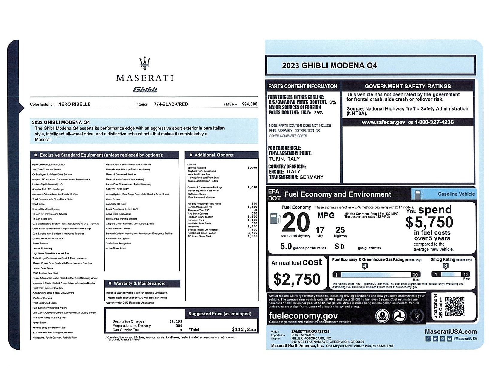 New 2023 Maserati Ghibli Modena Q4 for sale $112,255 at McLaren Greenwich in Greenwich CT 06830 1