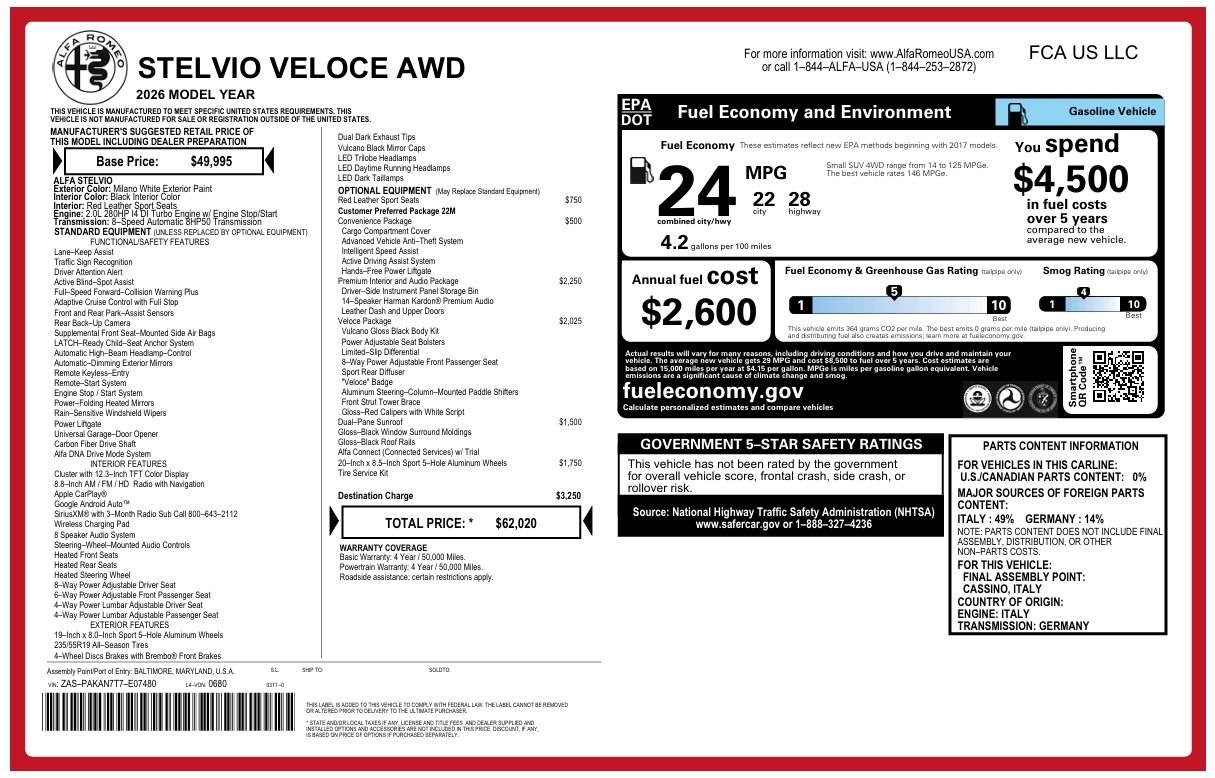 New 2026 Alfa Romeo Stelvio for sale $62,020 at McLaren Greenwich in Greenwich CT 06830 1