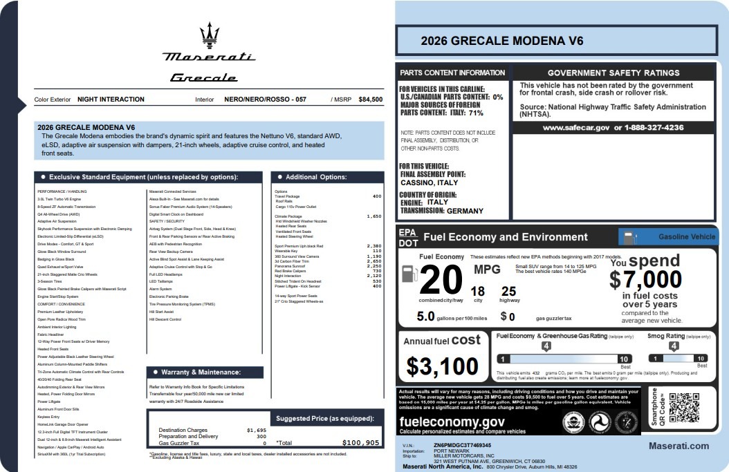 New 2026 Maserati Grecale Modena V6 for sale $100,905 at McLaren Greenwich in Greenwich CT 06830 1