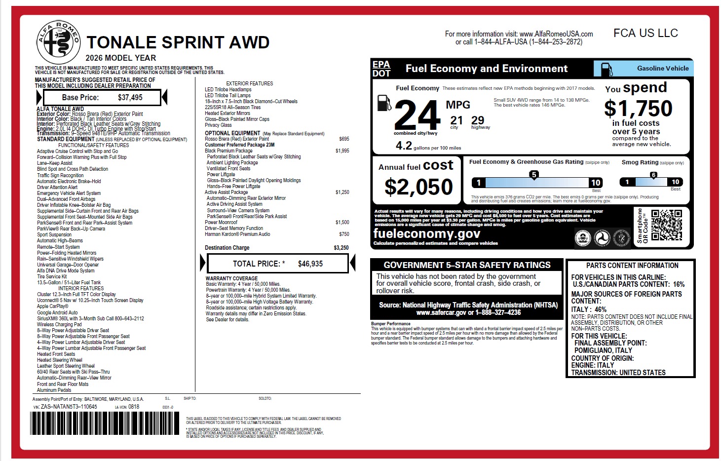 New 2026 Alfa Romeo Tonale Sprint for sale $46,935 at McLaren Greenwich in Greenwich CT 06830 1