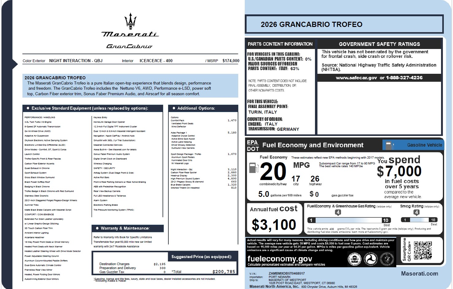 New 2026 Maserati GranCabrio Trofeo for sale $200,785 at McLaren Greenwich in Greenwich CT 06830 1