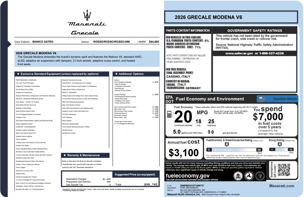 New 2026 Maserati Grecale Modena V6 for sale $98,745 at McLaren Greenwich in Greenwich CT 06830 1