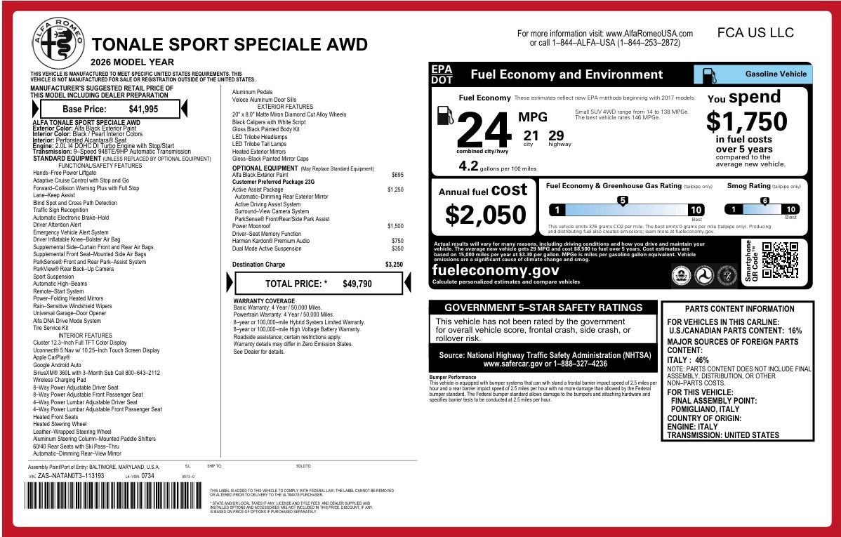 New 2026 Alfa Romeo Tonale Sport Speciale for sale $49,790 at McLaren Greenwich in Greenwich CT 06830 1