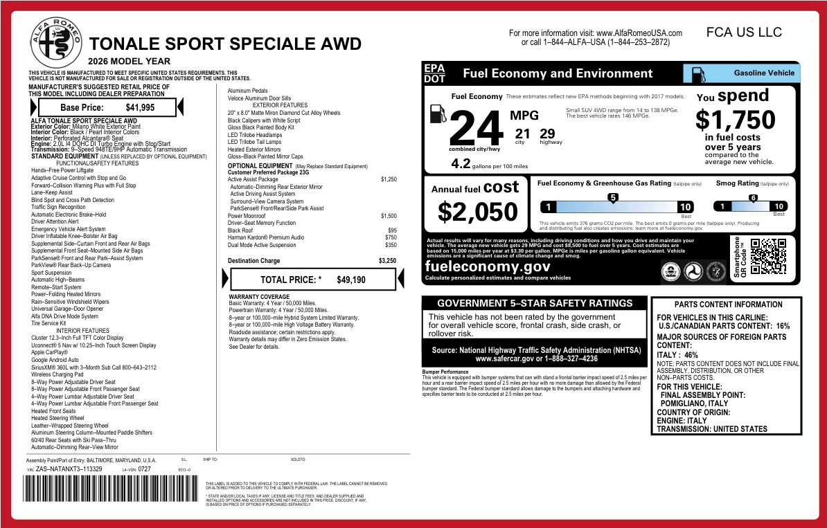 New 2026 Alfa Romeo Tonale Sport Speciale for sale $49,190 at McLaren Greenwich in Greenwich CT 06830 1