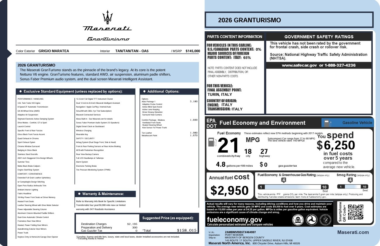 New 2026 Maserati GranTurismo for sale $158,015 at McLaren Greenwich in Greenwich CT 06830 1