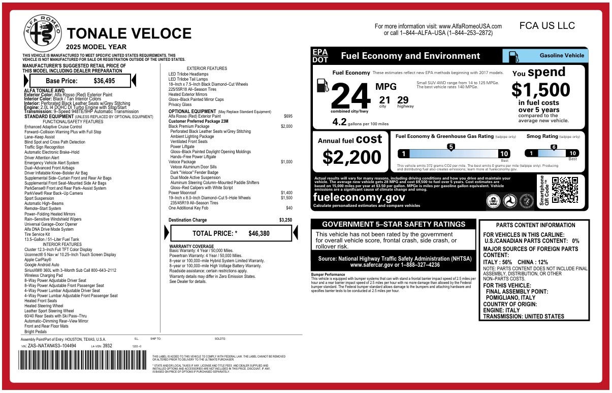 New 2025 Alfa Romeo Tonale for sale $46,380 at McLaren Greenwich in Greenwich CT 06830 1