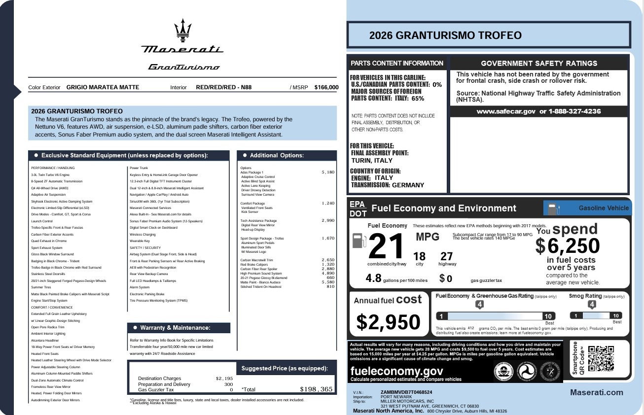 New 2026 Maserati GranTurismo Trofeo for sale $198,365 at McLaren Greenwich in Greenwich CT 06830 1