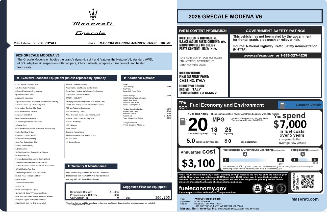 New 2026 Maserati Grecale Modena V6 for sale $96,295 at McLaren Greenwich in Greenwich CT 06830 1