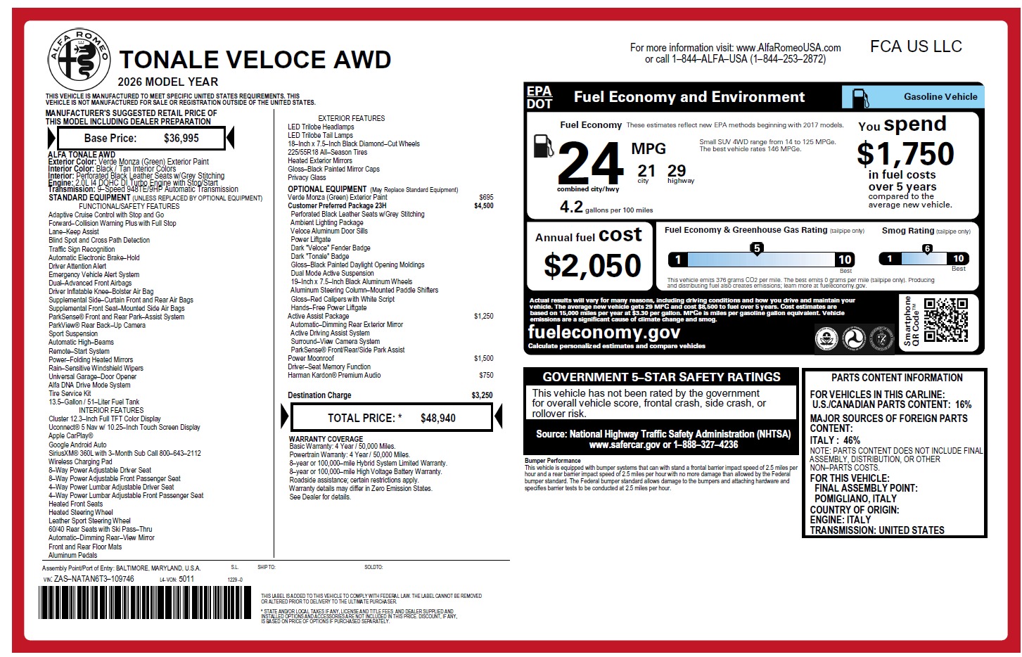 New 2026 Alfa Romeo Tonale Veloce for sale $48,940 at McLaren Greenwich in Greenwich CT 06830 1