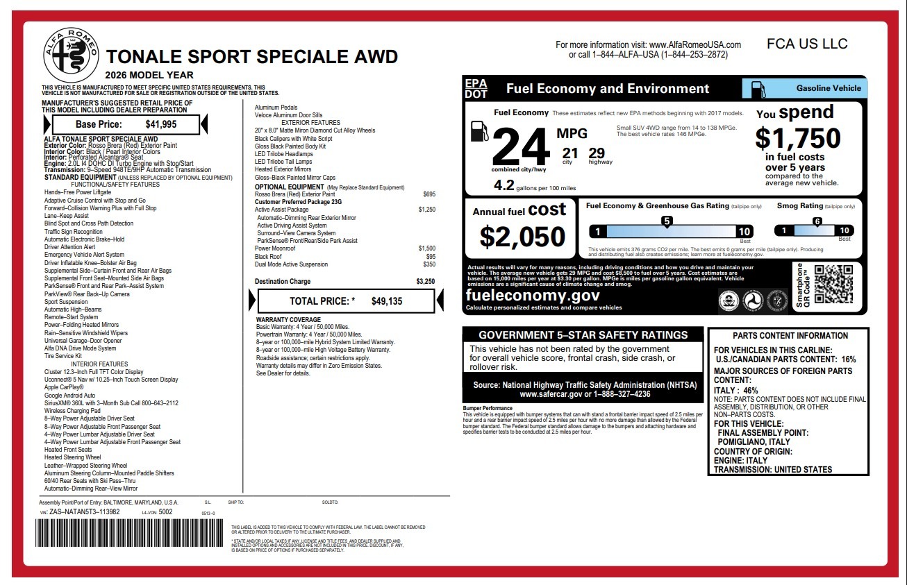 New 2026 Alfa Romeo Tonale Sport Speciale for sale $49,135 at McLaren Greenwich in Greenwich CT 06830 1
