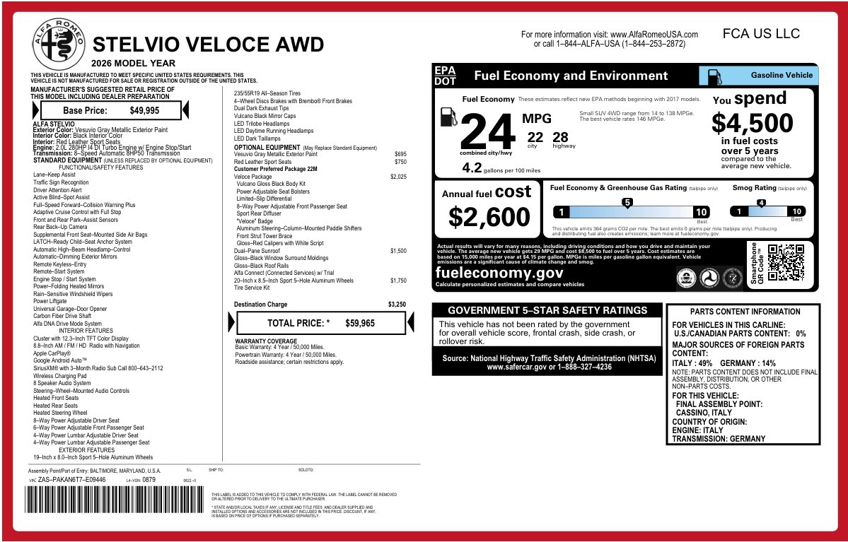 New 2026 Alfa Romeo Stelvio Veloce for sale $59,965 at McLaren Greenwich in Greenwich CT 06830 1