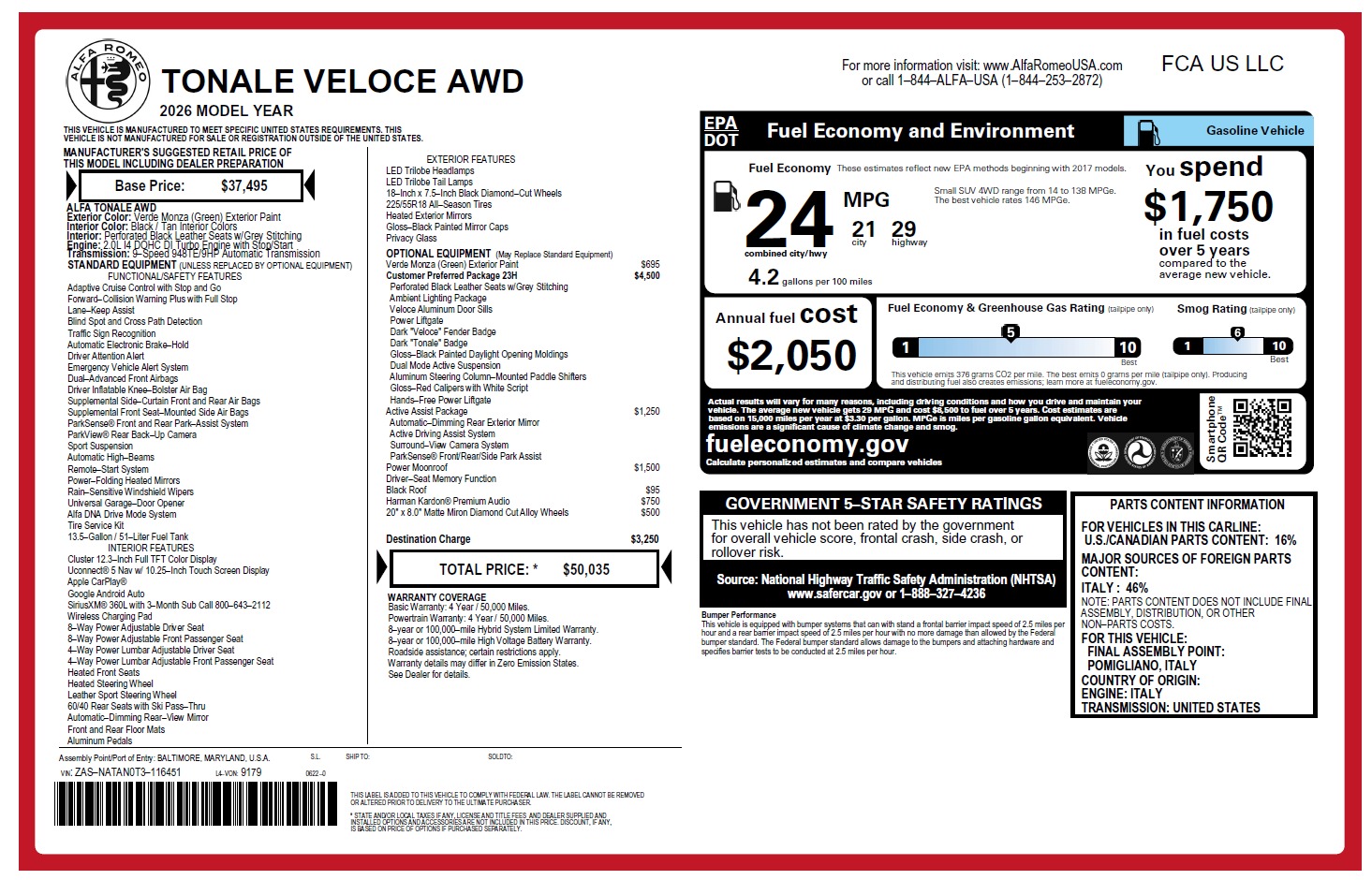 New 2026 Alfa Romeo Tonale Veloce for sale $50,035 at McLaren Greenwich in Greenwich CT 06830 1