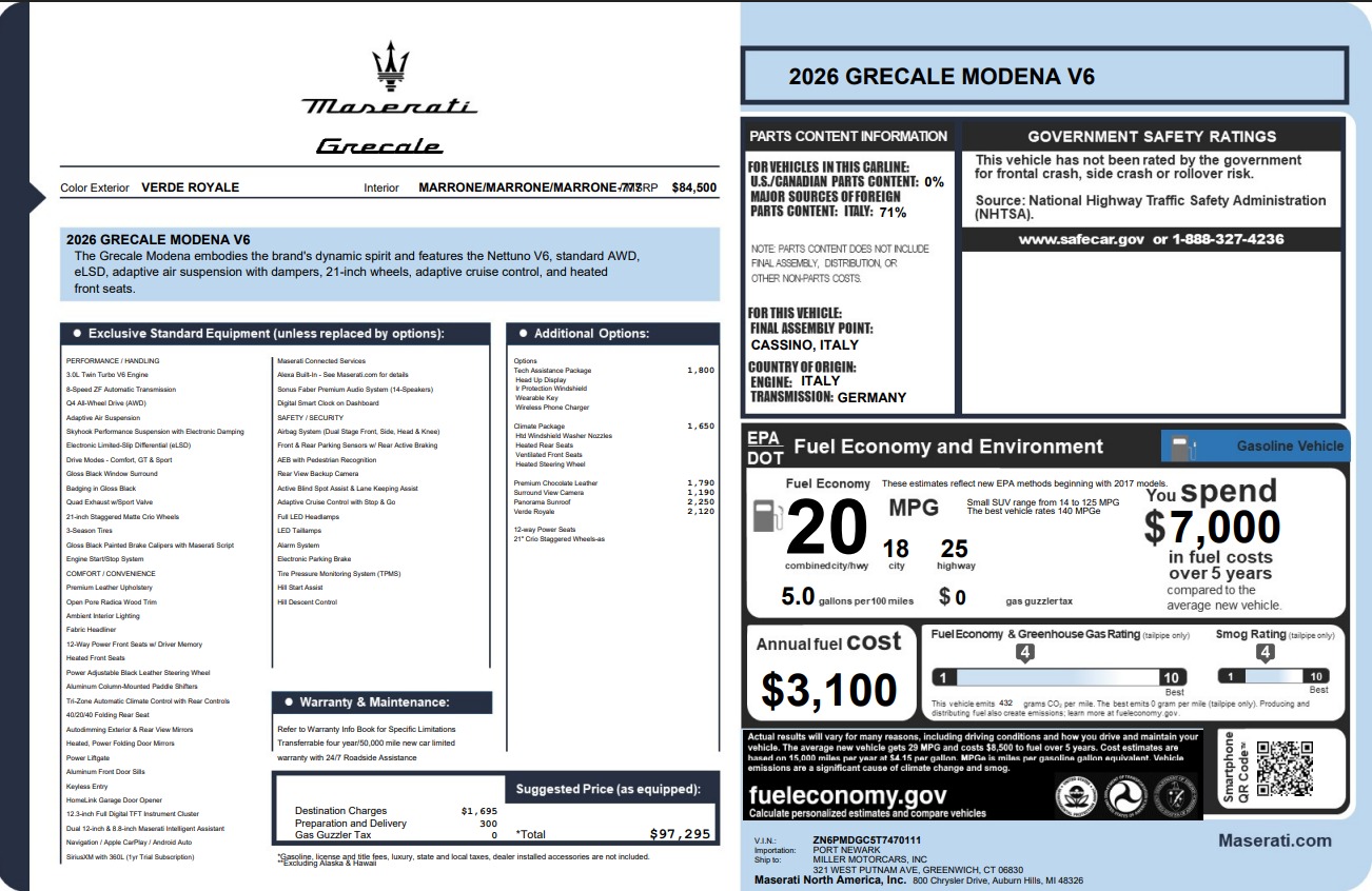 New 2026 Maserati Grecale Modena V6 for sale $97,295 at McLaren Greenwich in Greenwich CT 06830 1