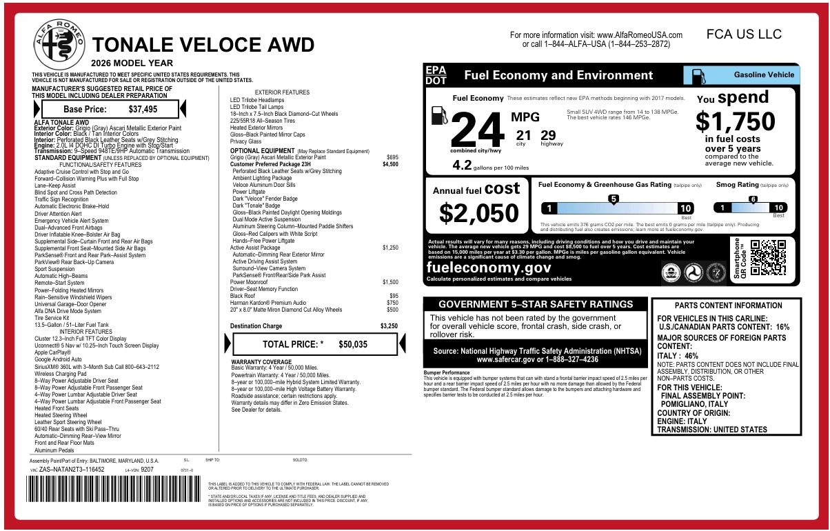 New 2026 Alfa Romeo Tonale Veloce for sale $50,035 at McLaren Greenwich in Greenwich CT 06830 1