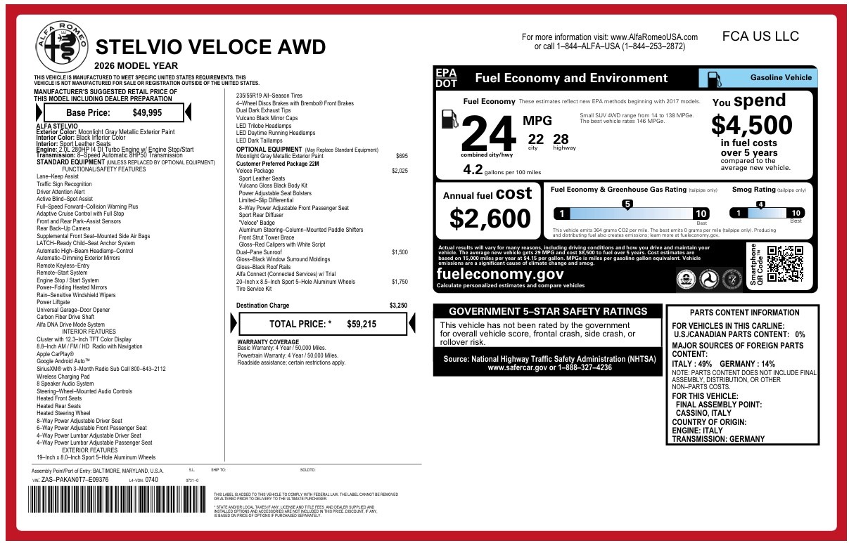 New 2026 Alfa Romeo Stelvio Veloce for sale $59,215 at McLaren Greenwich in Greenwich CT 06830 1