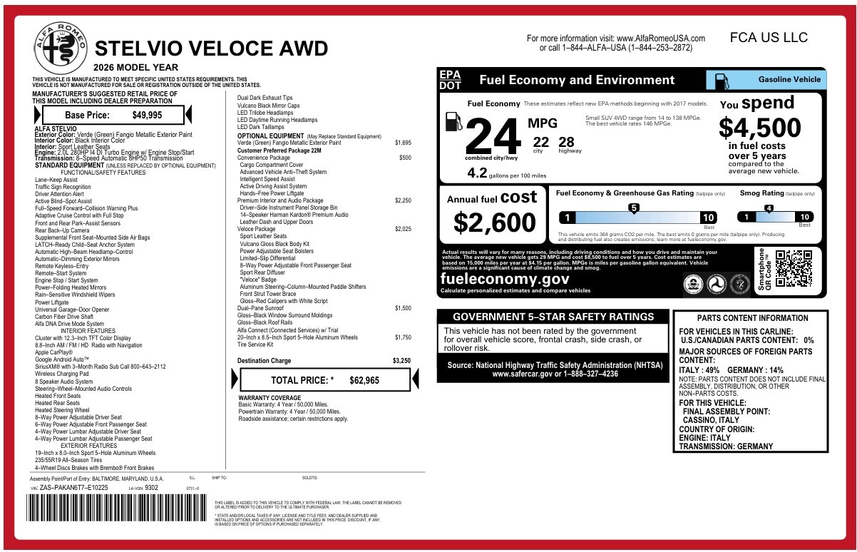 New 2026 Alfa Romeo Stelvio Veloce for sale $62,965 at McLaren Greenwich in Greenwich CT 06830 1