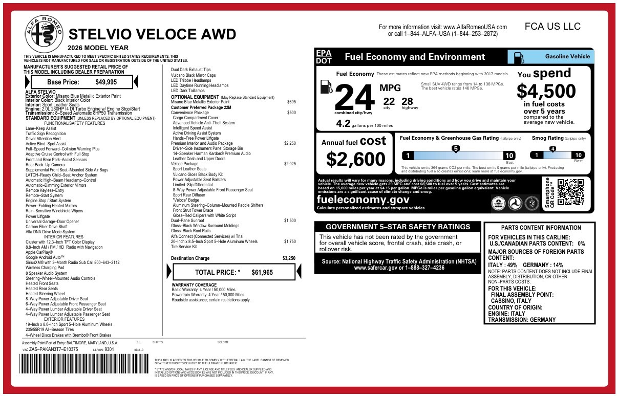 New 2026 Alfa Romeo Stelvio Veloce for sale $61,965 at McLaren Greenwich in Greenwich CT 06830 1