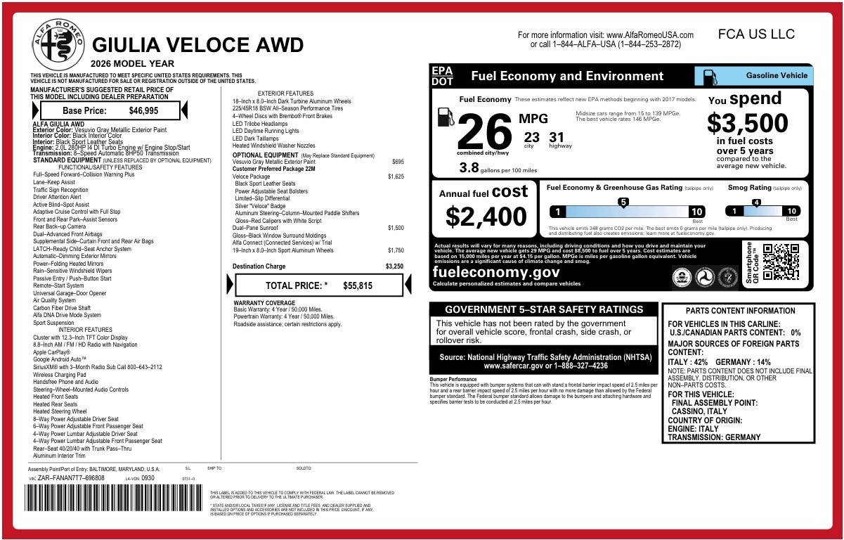 New 2026 Alfa Romeo Giulia Veloce for sale $55,815 at McLaren Greenwich in Greenwich CT 06830 1