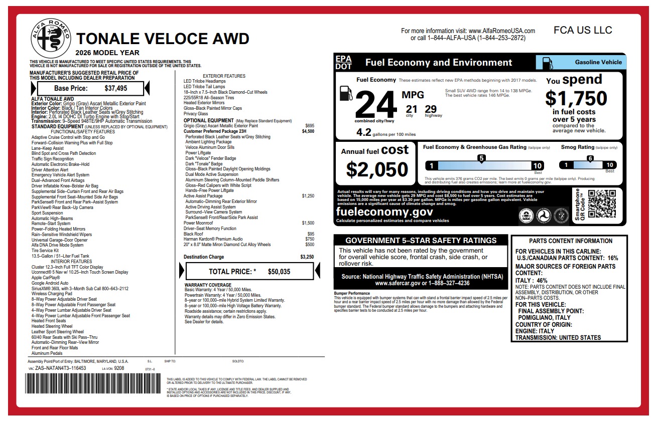 New 2026 Alfa Romeo Tonale Veloce for sale $50,035 at McLaren Greenwich in Greenwich CT 06830 1