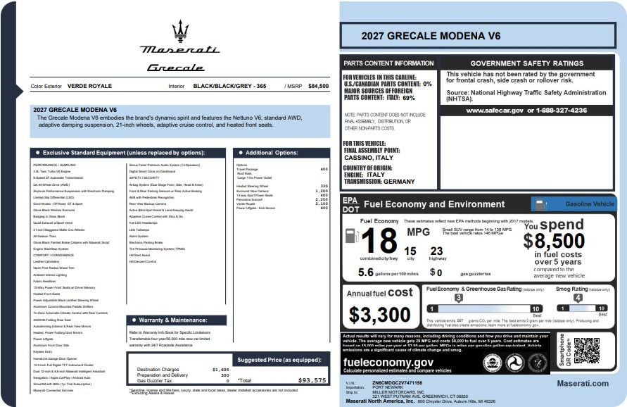 New 2027 Maserati Grecale Modena V6 for sale $93,575 at McLaren Greenwich in Greenwich CT 06830 1