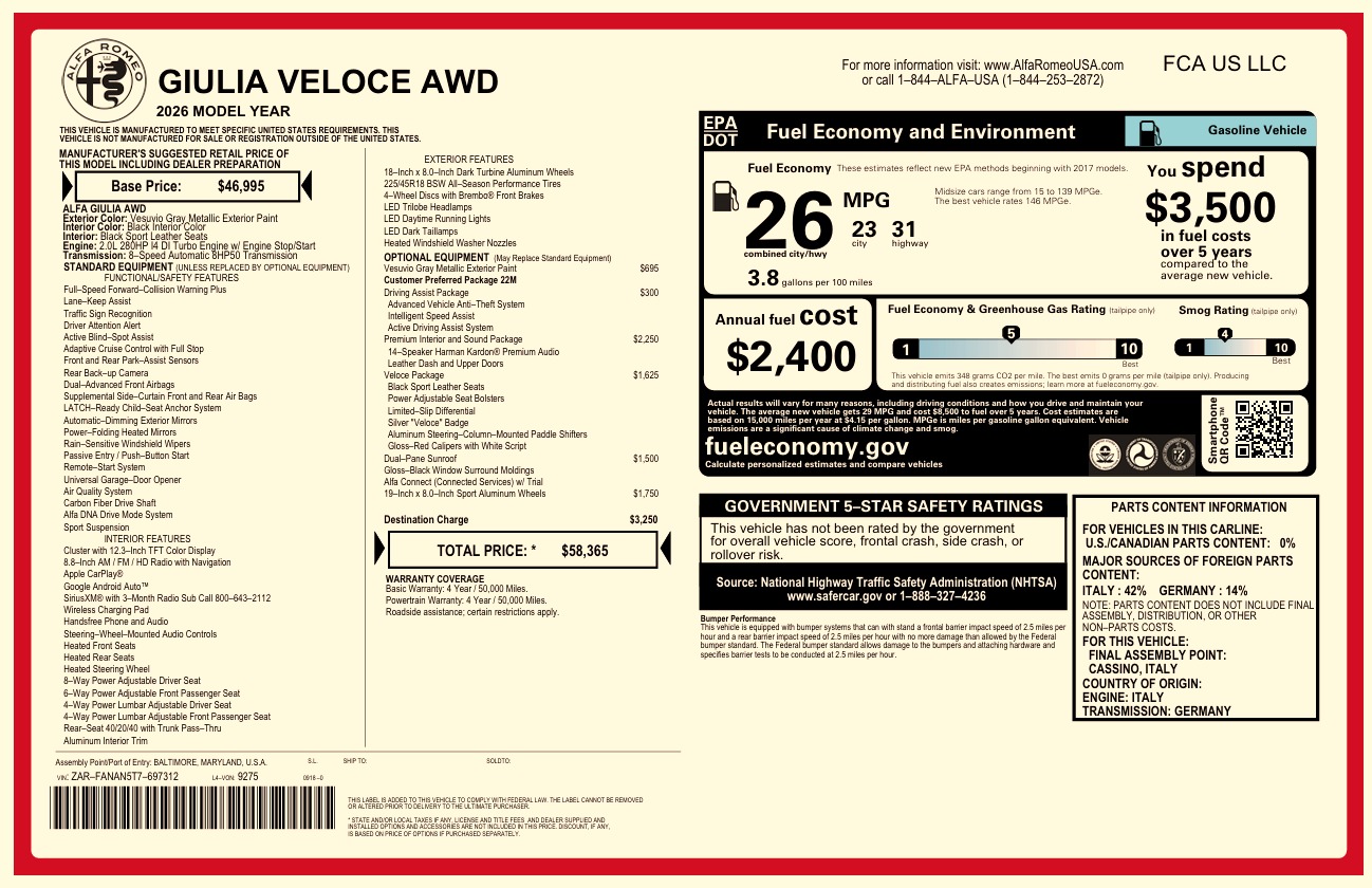 New 2026 Alfa Romeo Giulia VELOCE for sale $58,365 at McLaren Greenwich in Greenwich CT 06830 1