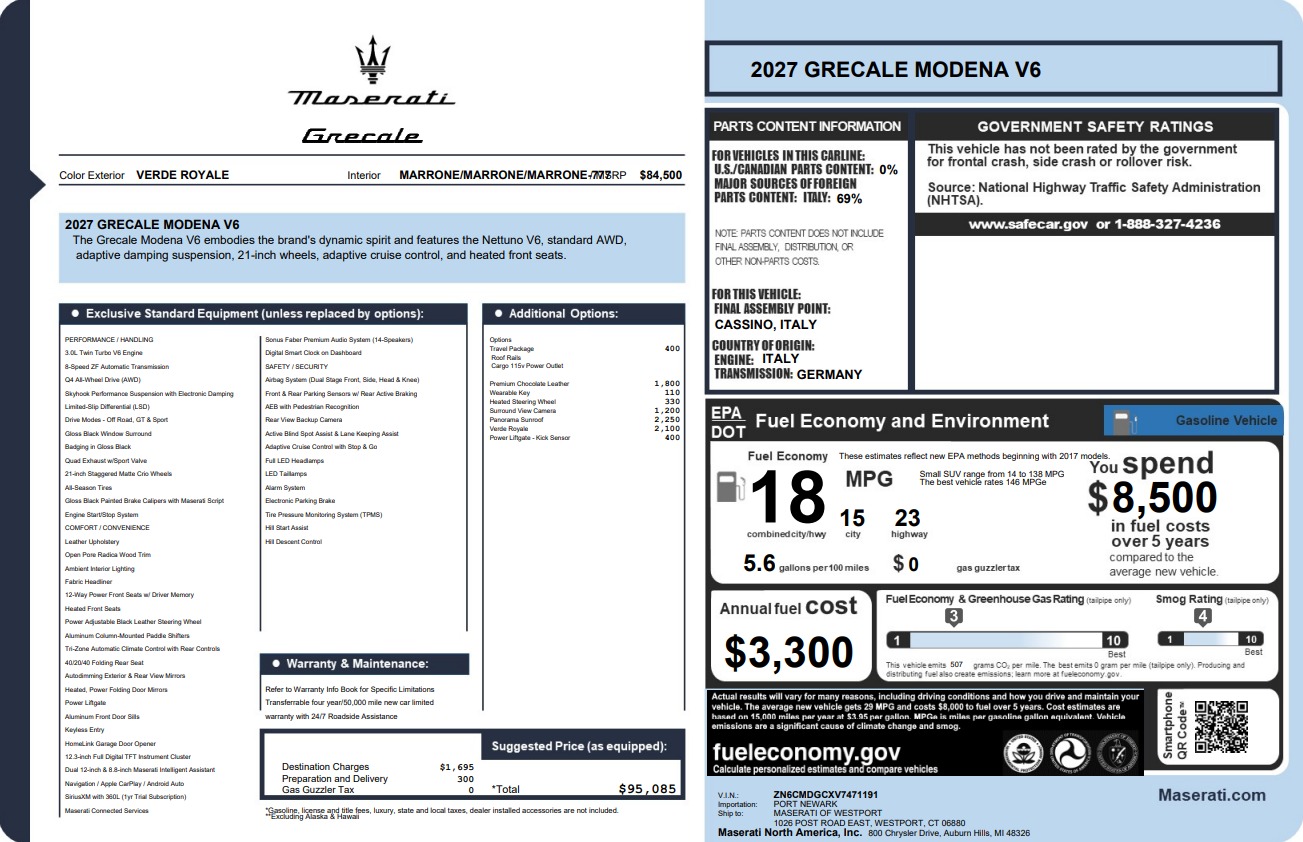 New 2027 Maserati Grecale Modena V6 for sale $95,085 at McLaren Greenwich in Greenwich CT 06830 1