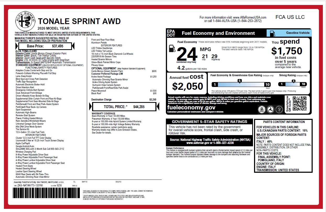 New 2026 Alfa Romeo Tonale Sprint for sale $44,285 at McLaren Greenwich in Greenwich CT 06830 1