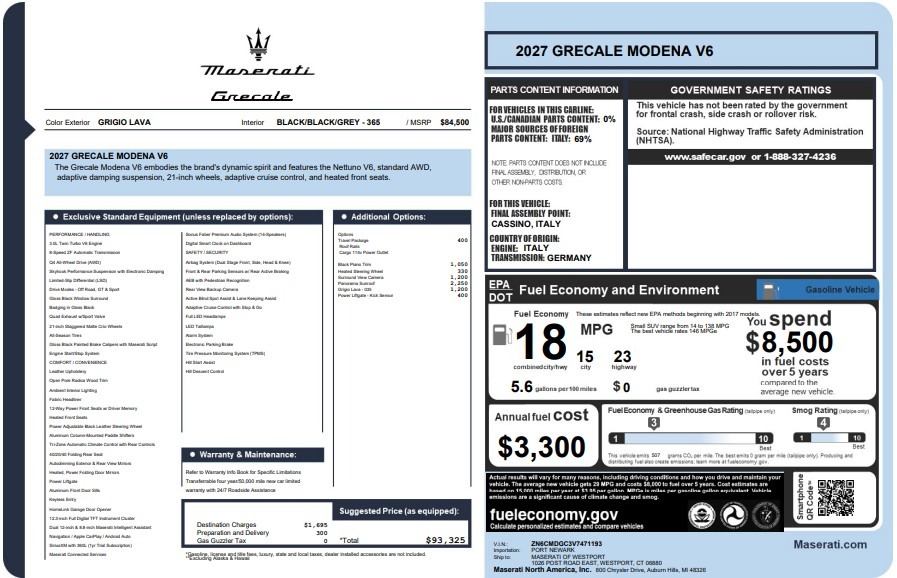 New 2027 Maserati Grecale Modena V6 for sale $93,325 at McLaren Greenwich in Greenwich CT 06830 1